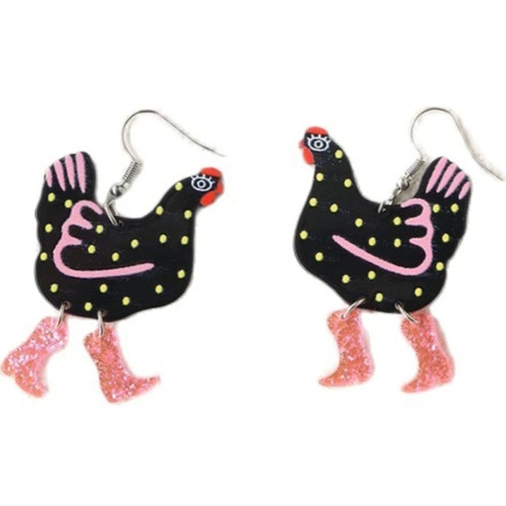 Quirky Chicken Earrings with Pink Boots